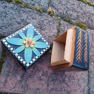 Handmade 1 of 1 carved & painted wooden enchanted fairy flower jewelry box